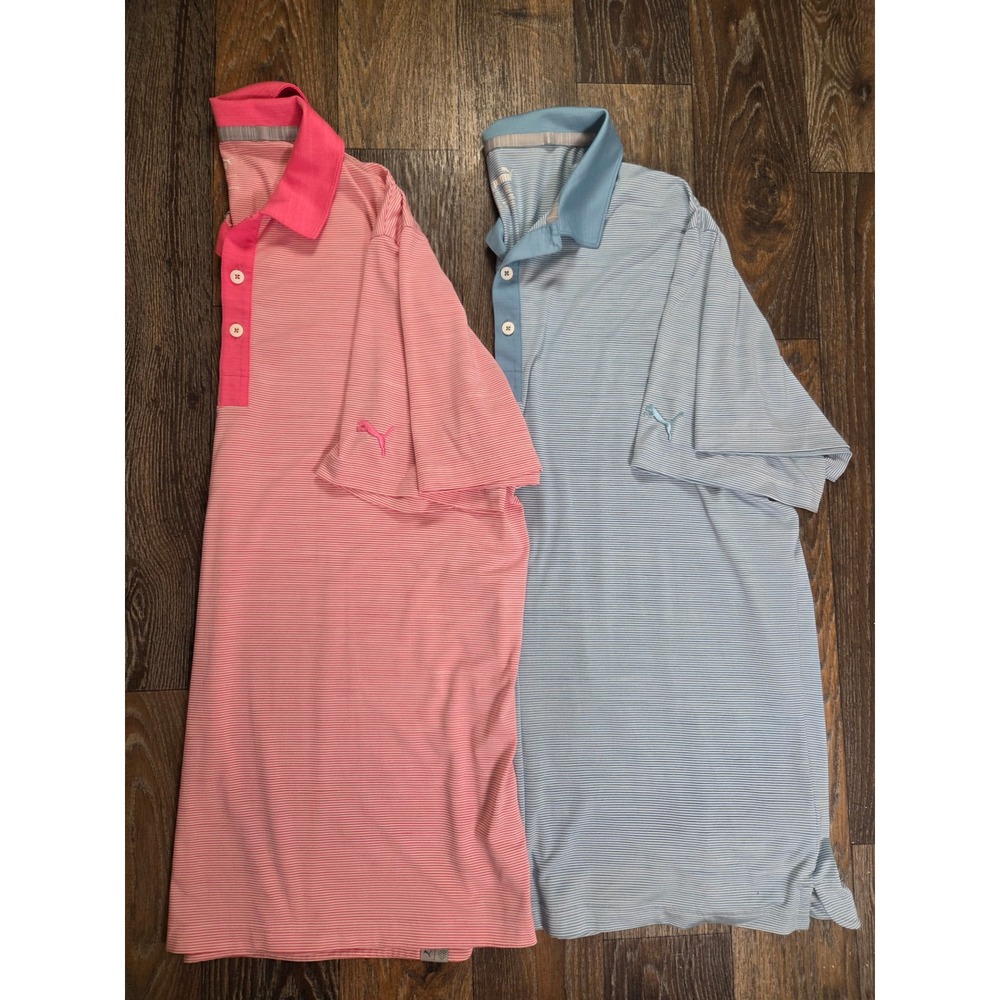 Puma Golf Mens XL Polo Shirt Lot 2 Pack Pink Light Blue Striped Performance Tech